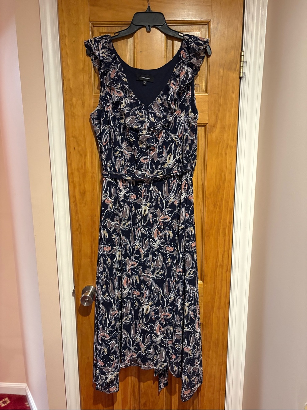 R&M Richards Navy Floral V-Neck Ruffle Midi Dress
